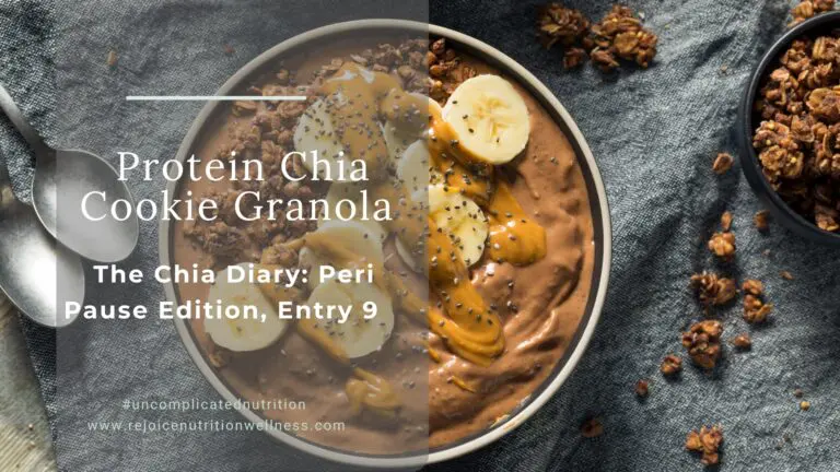 Homemade protein chia cookie granola with dark chocolate chunks in bowl, hormone supporting breakfast for women over 35