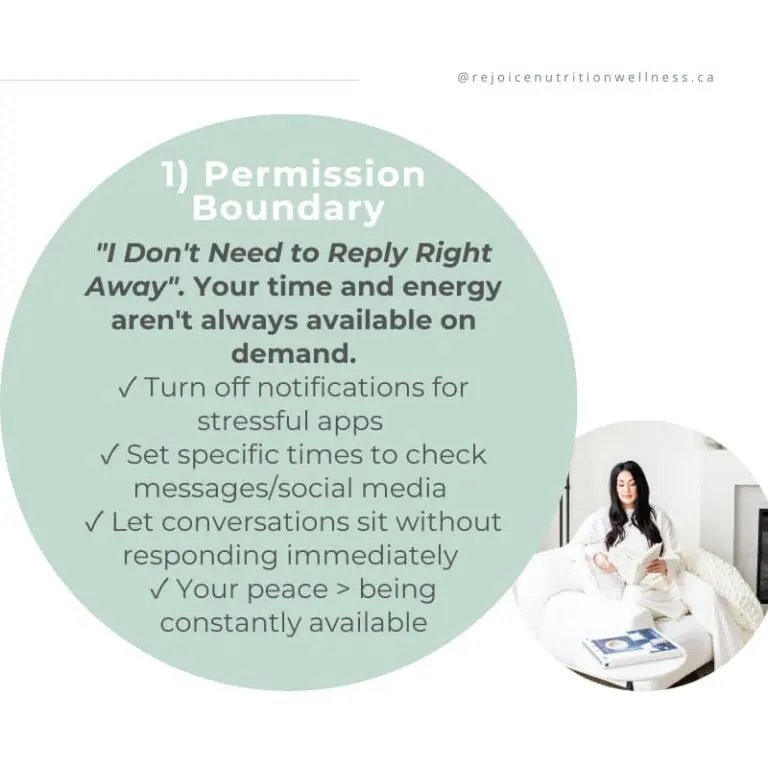 Permission boundary for nervous system health - woman reading in bed with text about not needing to reply immediately to protect mental wellness