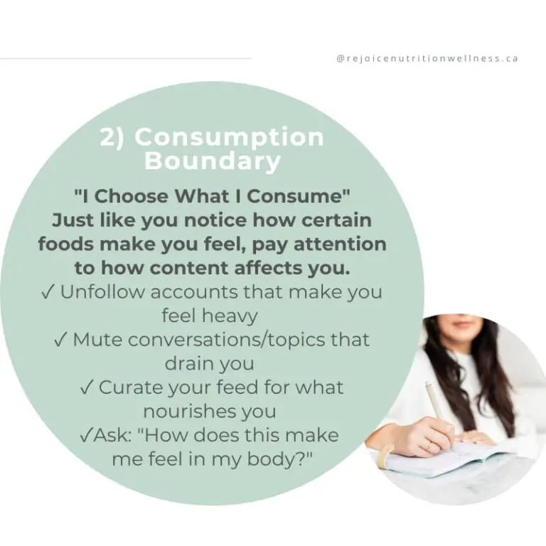 Digital consumption boundary for stress management - woman journaling with guidance on curating social media feeds for nervous system protection