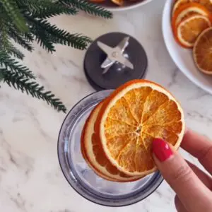 Blending dehydrated oranges into powder for citrus rosemary thyme sea salt