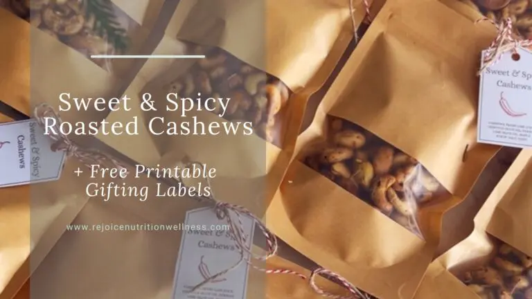 Homemade sweet and spicy cashews with rosemary in gift bags with festive ribbon, ready for holiday gifting