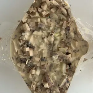 Reusable freezer bag filled with layered beef stroganoff ingredients: beef pieces, mushrooms, onions, and yogurt-based sauce ingredients ready for freezing