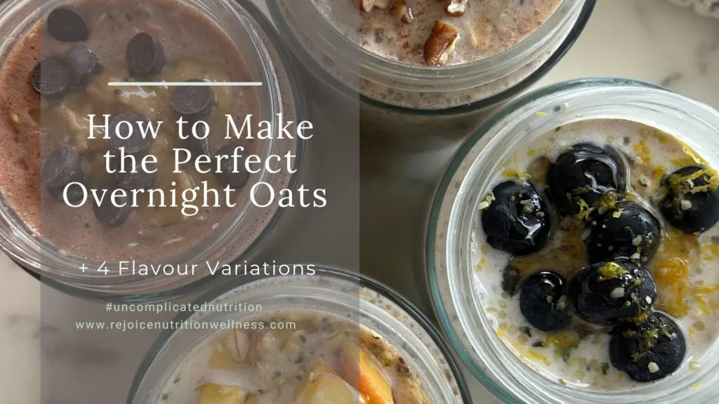 Four mason jars filled with overnight oats in four different flavors, each labeled with the flavor name and topped with fresh fruit and toppings.
