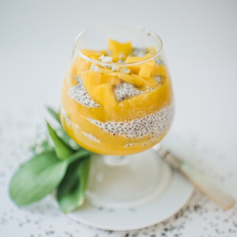 Overnight chia pudding after refrigeration showing thick creamy texture