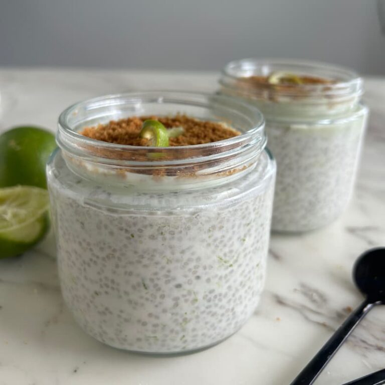 "Fresh key limes, chia seeds, coconut milk and collagen powder arranged for hormone-supporting dessert recipe"