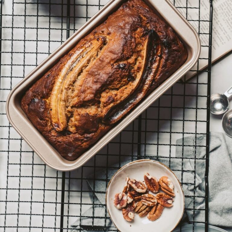 Protein-rich banana bread slice showing 7-9g protein per serving for perimenopause hormone support