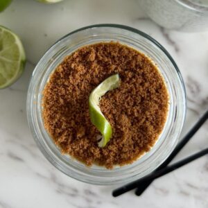 "Close-up of creamy key lime chia pudding showing texture with chia seeds visible in pudding base layer"