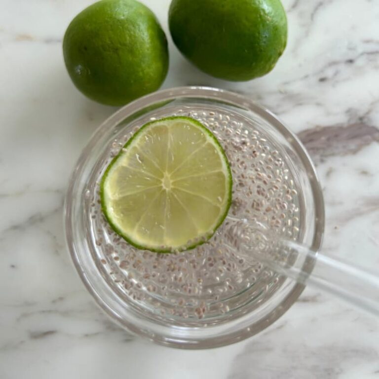 Bedtime chia shot ingredients including chia seeds, lime, magnesium glycinate powder for perimenopause support
