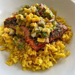 Golden chia seed crust on baked salmon fillet showing crispy texture and omega-3 rich coating