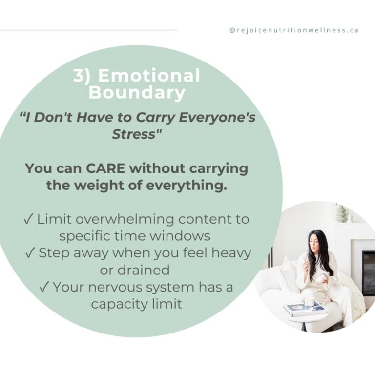 Emotional boundary setting for mental health - woman in peaceful white setting with tips for not carrying everyone's stress and overwhelm