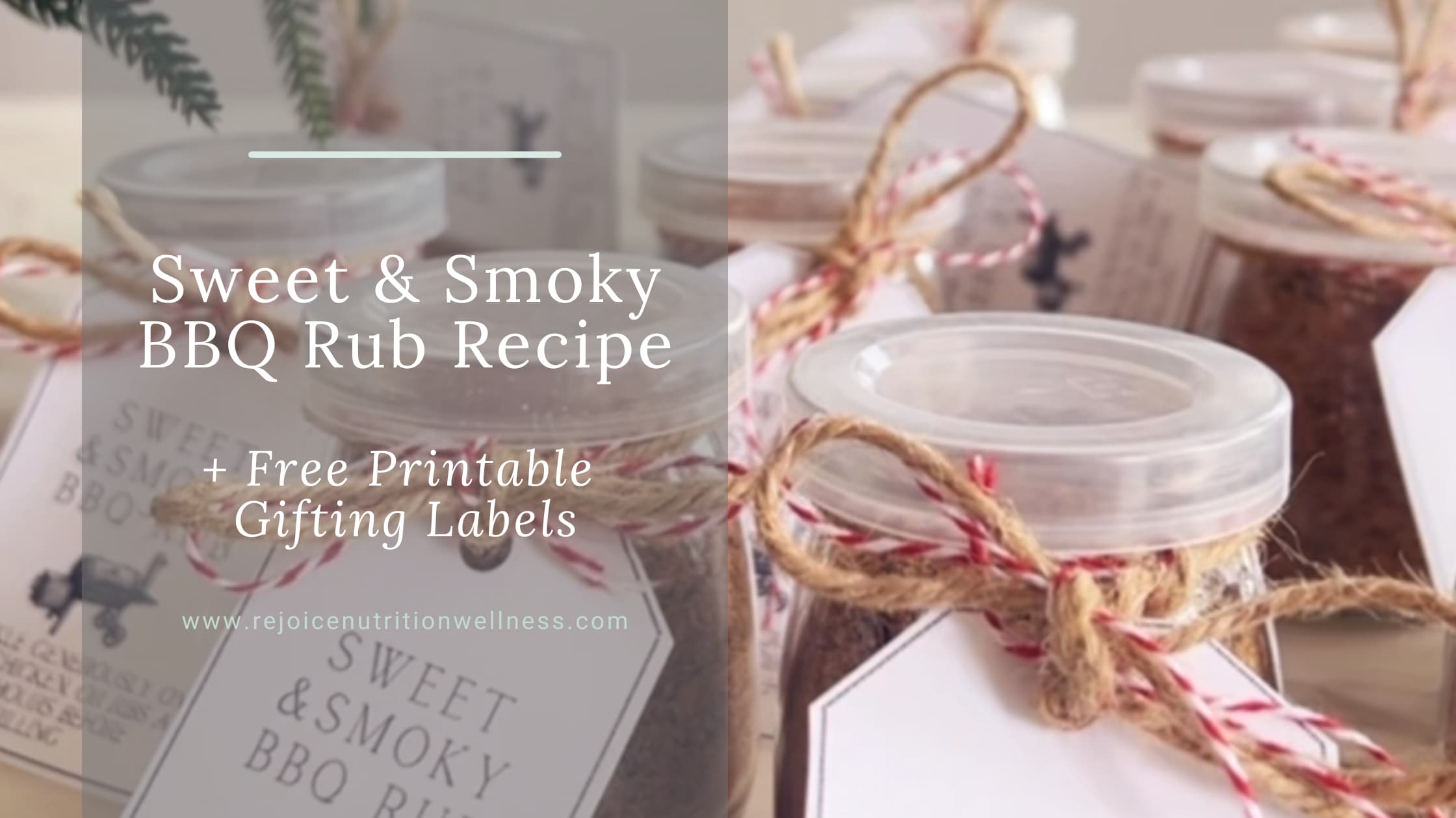 Homemade sweet and smokey BBQ spice rub in small glass jars with festive ribbon, ready for holiday gifting