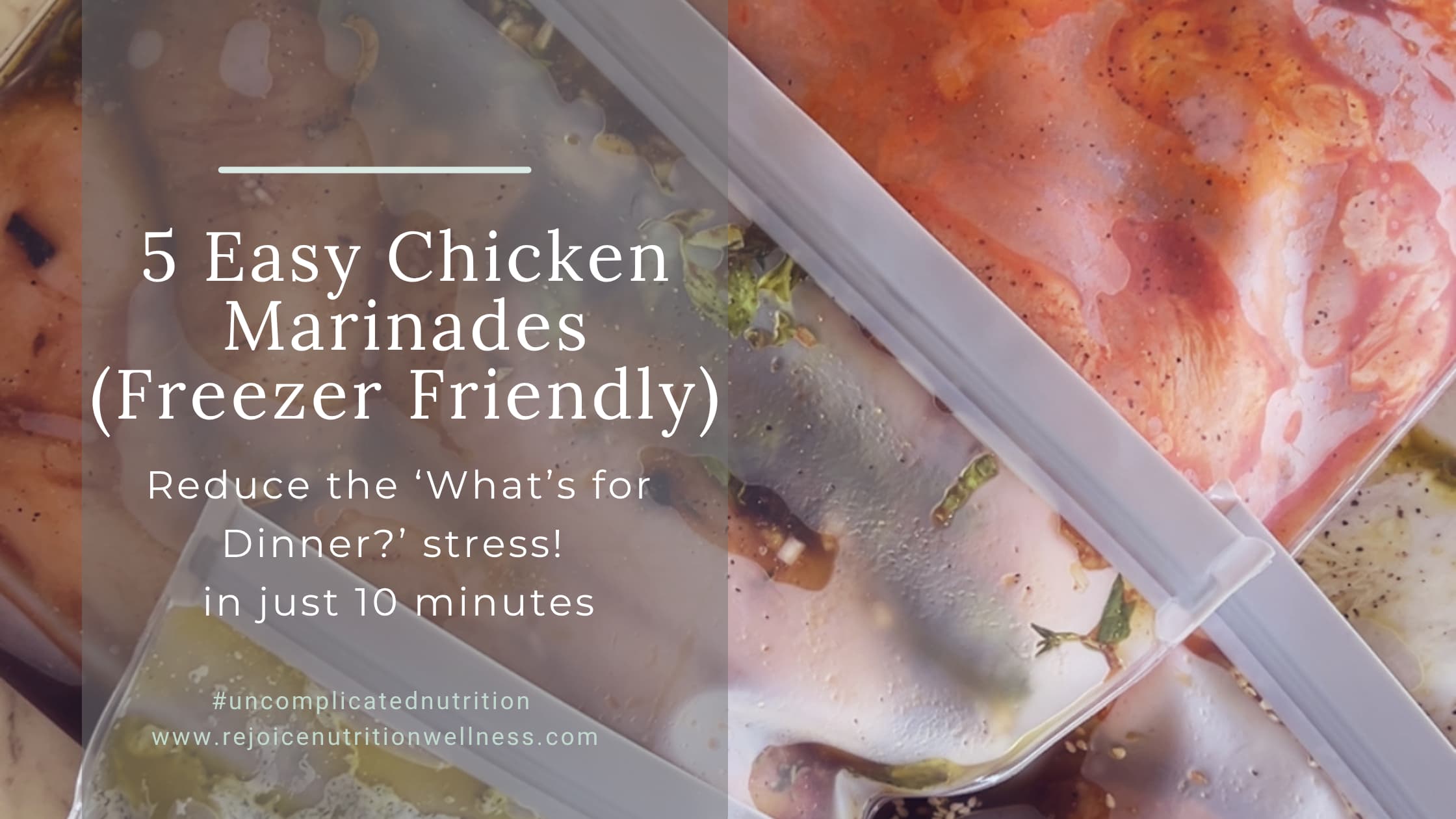 Five labeled freezer bags filled with different chicken marinades ready to freeze for meal prep