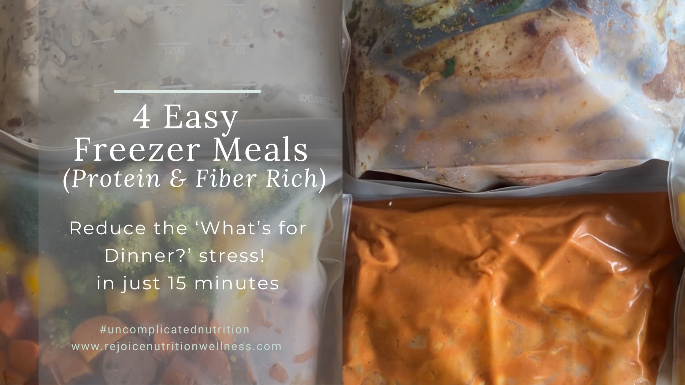 Four labeled reusable freezer bags filled with prepared ingredients for Tuscan Chicken, Butter Chicken, Beef Stroganoff, and Farmer's Sausage Bowls freezer meals
