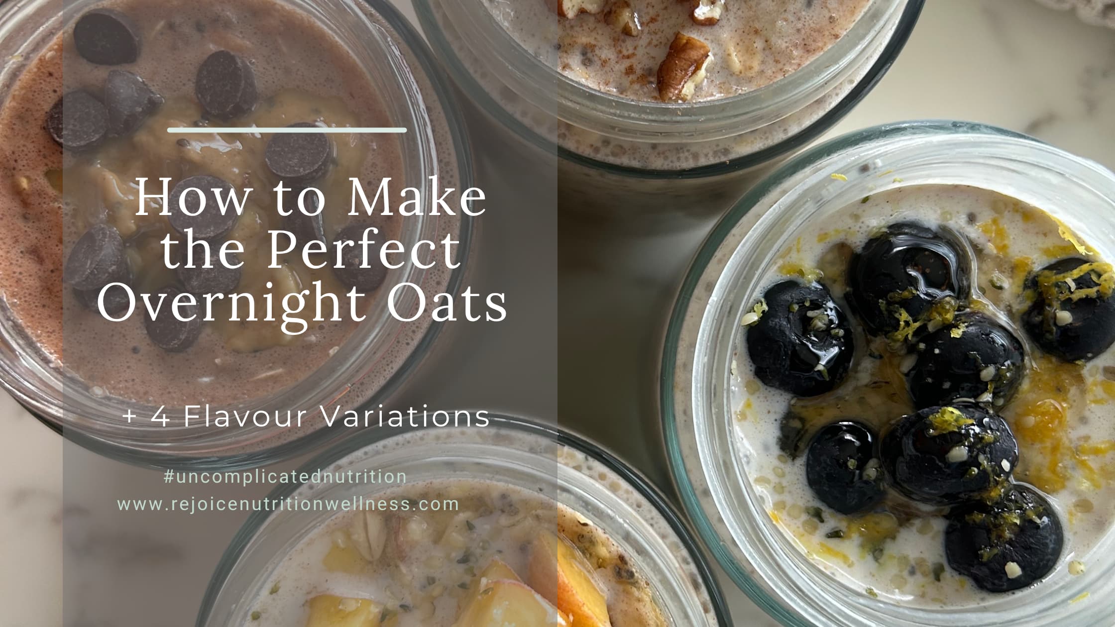 Four mason jars filled with overnight oats in four different flavors, each labeled with the flavor name and topped with fresh fruit and toppings.